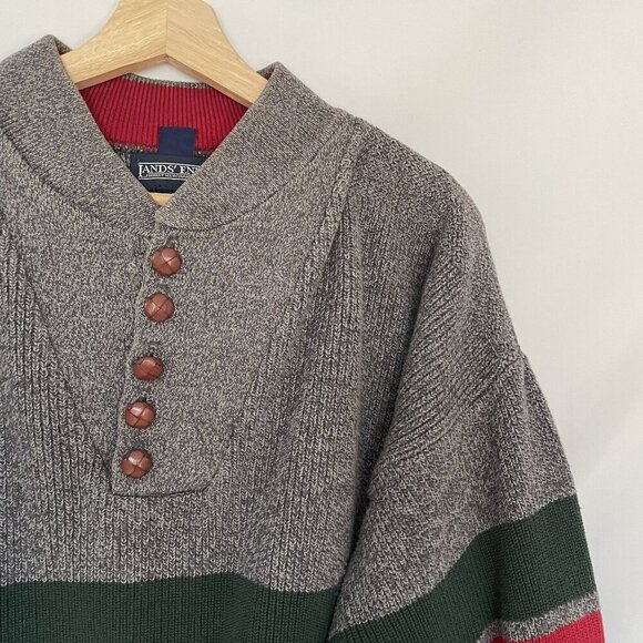 Vintage Lands End Mens Knit Sweater L 42-44 Gray Red Green Striped Wool Cotton B - Picture 2 of 7